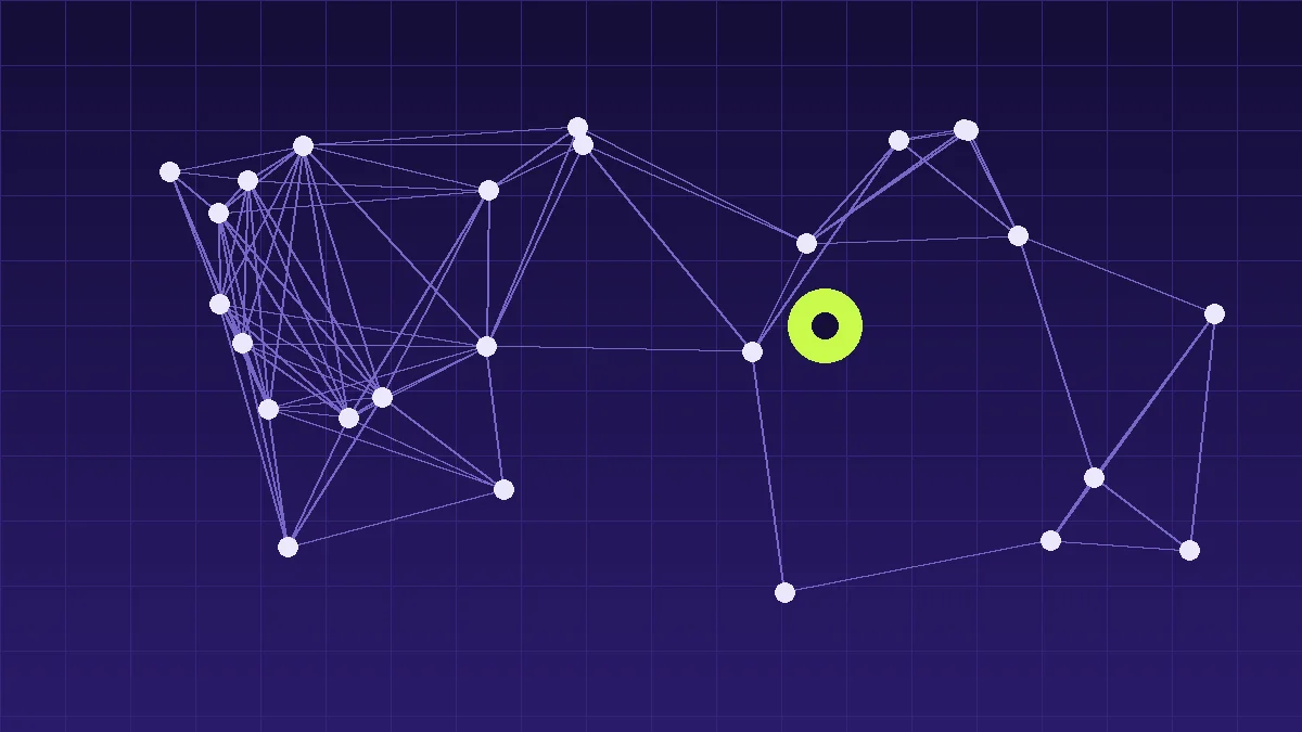 Ilustración abstracta de nodos conectados en tonos índigo, con un nodo destacado en lima, que representa una red de decisiones impulsadas por inteligencia artificial.